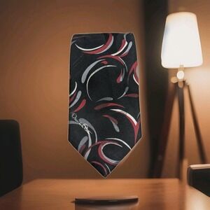 Oscar de la Renta Studio‎ Swirl Black Red Silver White Poly-Silk Men's Neck Tie